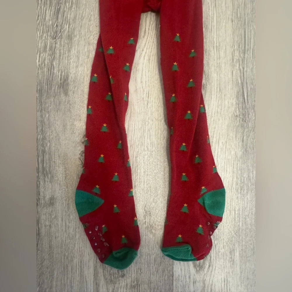 Gymboree Festive Red Tights with Green Tree Accents